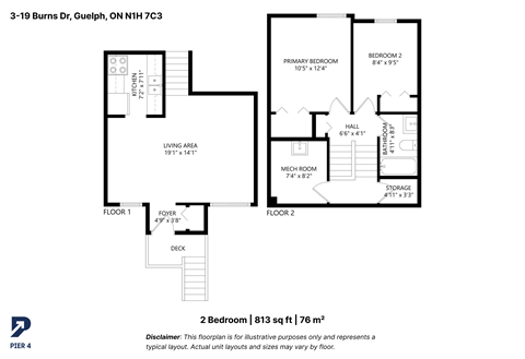 Floor plan for 2 beds, 1 bath, 813 sqft